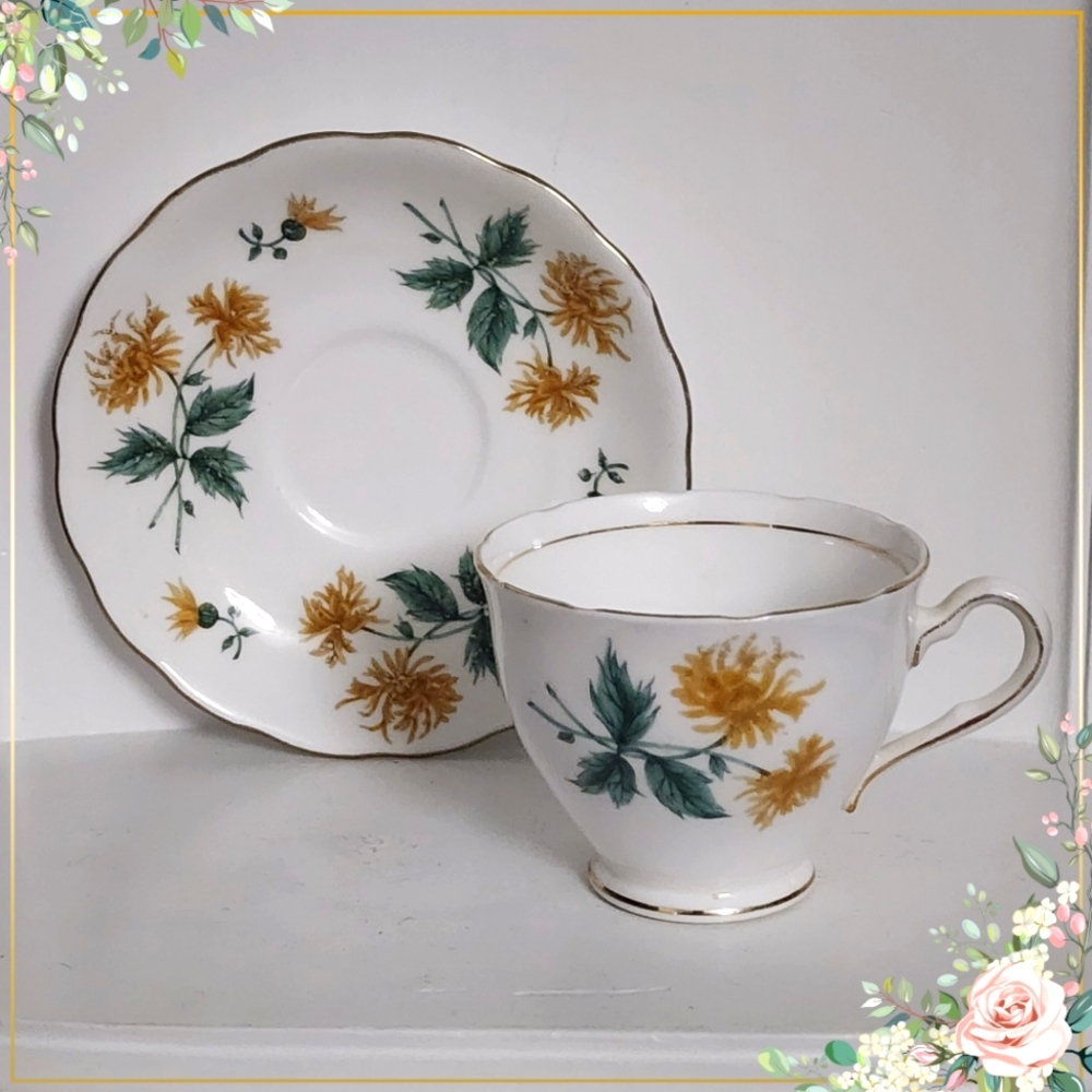 Vintage Colclough Teacup and Saucer Set Yellow Flower Gold Trim England